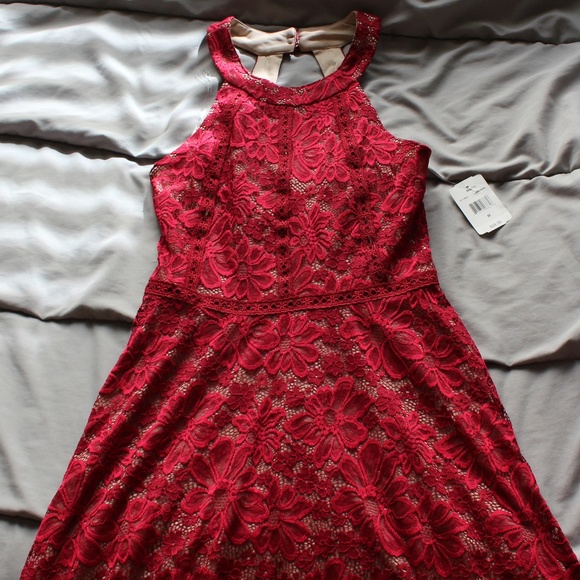 red and tan lace dress